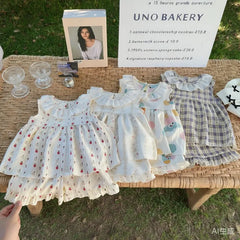 Two-Piece Set Sleeveless Princess Dress with Floral Print, Summer Thin Outfit for Baby Girls Baby Girl Cute Floral Skirt