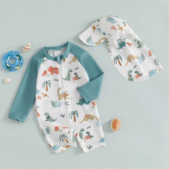 1-4T Toddler Boys Rash Guard Swimsuit Dinosaur/Shark Print Long Sleeve Zip Bathing Suit with Swim Cap