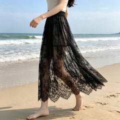 2 Length Elegant Black Skirt White Lace Transparent Long Tulle Skirt Ladies Elastic High Waist Beach Midi Skirt