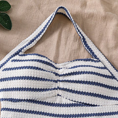 Girls 8-12 Casual 2-Piece Set, Navy Blue White Striped Halter Crop Top & Matching Elastic Waist Shorts, Beachy for Daily Summer