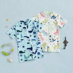 1-4Y Kids Baby Boys Rash Guard Swimsuit Toddler Dinosaur Whale Pattern Zip-up Short Sleeve Crew Neck Swimwear Beachwear