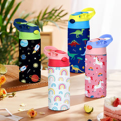 350ml Cartoon Pattern Vacuum Cup Kids Insulated Water Bottle Cute Animal Straw Thermos Mug Handheld Kettle for Outdoor School