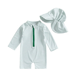 0-3T Toddler Boys Girls Rash Guard Swimsuit with Hat 2 Pcs Set Striped Pattern Zip Up Long Sleeve Crew Neck Baby Swimwears