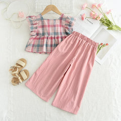 Summer Sweet and Casual 3-10-year-old Girls and Teenagers Pink Suit Square Collar Checkered Top+Wide Leg Pants Two Piece Set