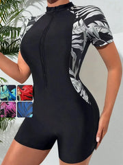 One-piece Women Swimwear Swim Suit Short Sleeve Swimsuit Zip Front Tropical Plant Surfing(No built-in bra), Quick Drying, UPF50