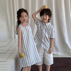 Korea Style Family Matching Outfit Striped Print Short Sleeve T-shirt+Shorts Tank Dress Parent-child Clothing Beach Holiday Look