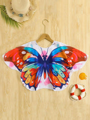 Kids Girls Butterfly Print Sunscreen Shirt Mesh Clothing for Beach Swimming Children's Swimwear Cover-Up Outerwear Single Piece