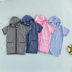 Summer Baby Swim Cover Up Bathing Suit Kids Hooded Towel Infant Boys Girls Short Sleeve Stripes Print Bathing Suit Coverup