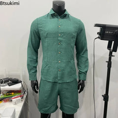 2026 Fashion Streetwear Men's Summer Comfy Cotton Linen Casual Suit Long-sleeved Shirt and Shorts Two-pieces Men Vacation Outfit