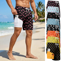 3D Print 2 in 1 Mens Swim Trunks Summer Quick Dry Beach Shorts with Phone Pocket Swimwear Swimsuit Bathing Suit Board Shorts