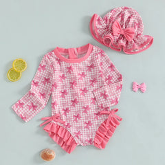 1-4T Children Baby Girl Rash Guard Swimsuit Long Sleeve Bow Plaid Print Bathing Suit Infant Swimwear with Sun Hat