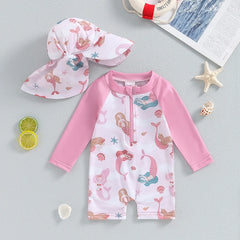 VISgogo Baby Girls Bathing Suit Sea Shell Print Long Sleeve Rash Guard Swimsuit Wide Brim Sun Hat Infant Toddler Beachwear