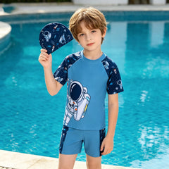 Boys Astronaut Swimsuit Set 3Pcs Kids Rash Guard Swimwear Short Sleeve Shirt + Shorts + Cap Children Beachwear UPF50+