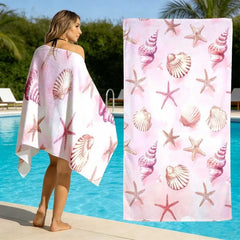 Soft Pastel Marine Style Light Pink Watercolor Shell Starfish Conch Repeat Print Quick Dry Vacation Beach Towel