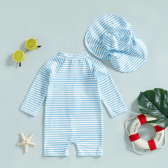 0-3T Toddler Boys Girls Rash Guard Swimsuit with Hat 2 Pcs Set Striped Pattern Zip Up Long Sleeve Crew Neck Baby Swimwears