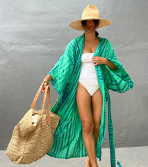 Women's Boho Stripe Tie Dye Swimsuit Cover Up with Belt Tunic Sarong Cardigan Dress Bikini Cover-ups Beach Wear Kimono