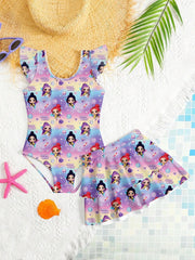 Sweet Girls 2 Pieces Swimwear Cute Cartoon Ruffle Sleeve Bikini Set with Skirt Children Vacation Bathing Suit