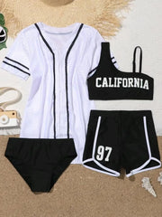 4 Pieces Bikinis With Top Short 2026 Girls Swimsuit Kids Swimwear Female Children's Bathers Bathing Swimming Swim Suit Beachwear