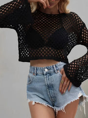 Mesh Crochet Beach Shirt Women Solid Cover Up Ladies Long Sleeve Tops 2026 Sexy Beachwear Bathers Swim Bathing Suit
