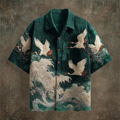 New Dark Green Embossed Dark Pattern Fabric with Flying Crane and Wave Printing for Men's Casual Short Sleeved Shirt