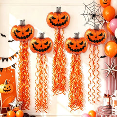 7 Pieces--Halloween Decoration Supplies, Scary Pumpkin Balloons and Spiral Tassel Rain Curtain Set, with Adhesive Dots, Suitable for Halloween Parties, Trick-Or-Treating, Birthday Parties, and Horror Celebration Backdrop Deco