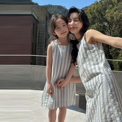 Korea Style Family Matching Outfit Striped Print Short Sleeve T-shirt+Shorts Tank Dress Parent-child Clothing Beach Holiday Look