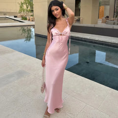 TARUXY V-neck Cut Out Lace-Up Spaghetti Strap Dress For Women Summer Beach Long Dress Fashion Sexy Sleeveless Slim Gown Clothes