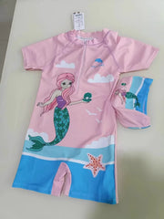Girls Swimsuits One-Piece Bathing Suits with Hat Summer Beach Water Sport Short Swimsuit with Cartoon Pattern for 2-13 Years Old