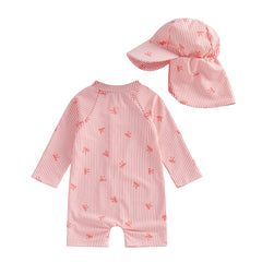 0-24M Newborn Baby Girl Rash Guard Swimsuit Cute Fashionable Striped Bow Printed Long Sleeve Swimwear with Hat
