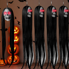 Halloween Hanging Ghost Skull with Long Hair Glowing Eyes Terror Skull Ghost House Head Skeleton Props 2024 Halloween Decoration