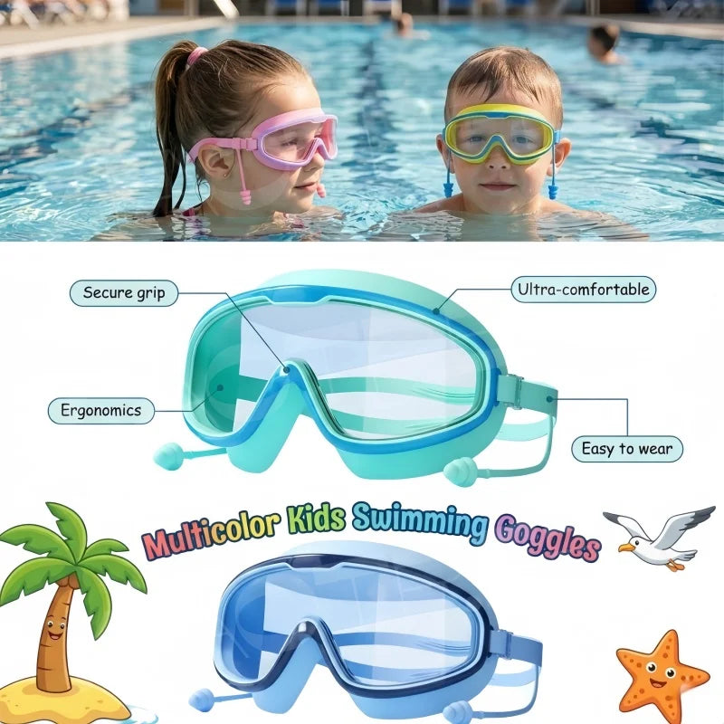 Kids Swimming Goggles Big Frame HD View Anti-fog Waterproof Children's Swim Goggles Boys and Girls Multi-color to Choose