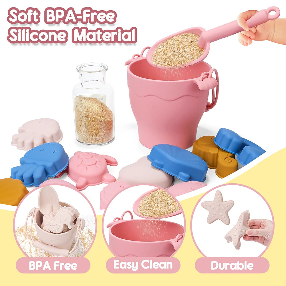 TYRY.HU 8pcs/set Children Toys Silicone Beach Toy Set with Bucket and Six Accessories Fun Outdoor Play Sand for Kids