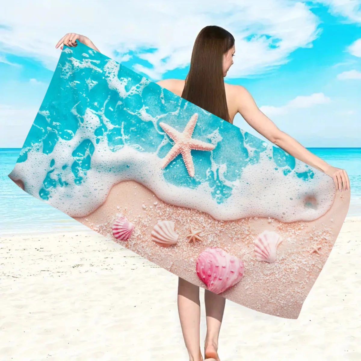 1pc Ocean element beach towel, suitable for outdoor sports, swimming, and fitness center multifunctional beach towel