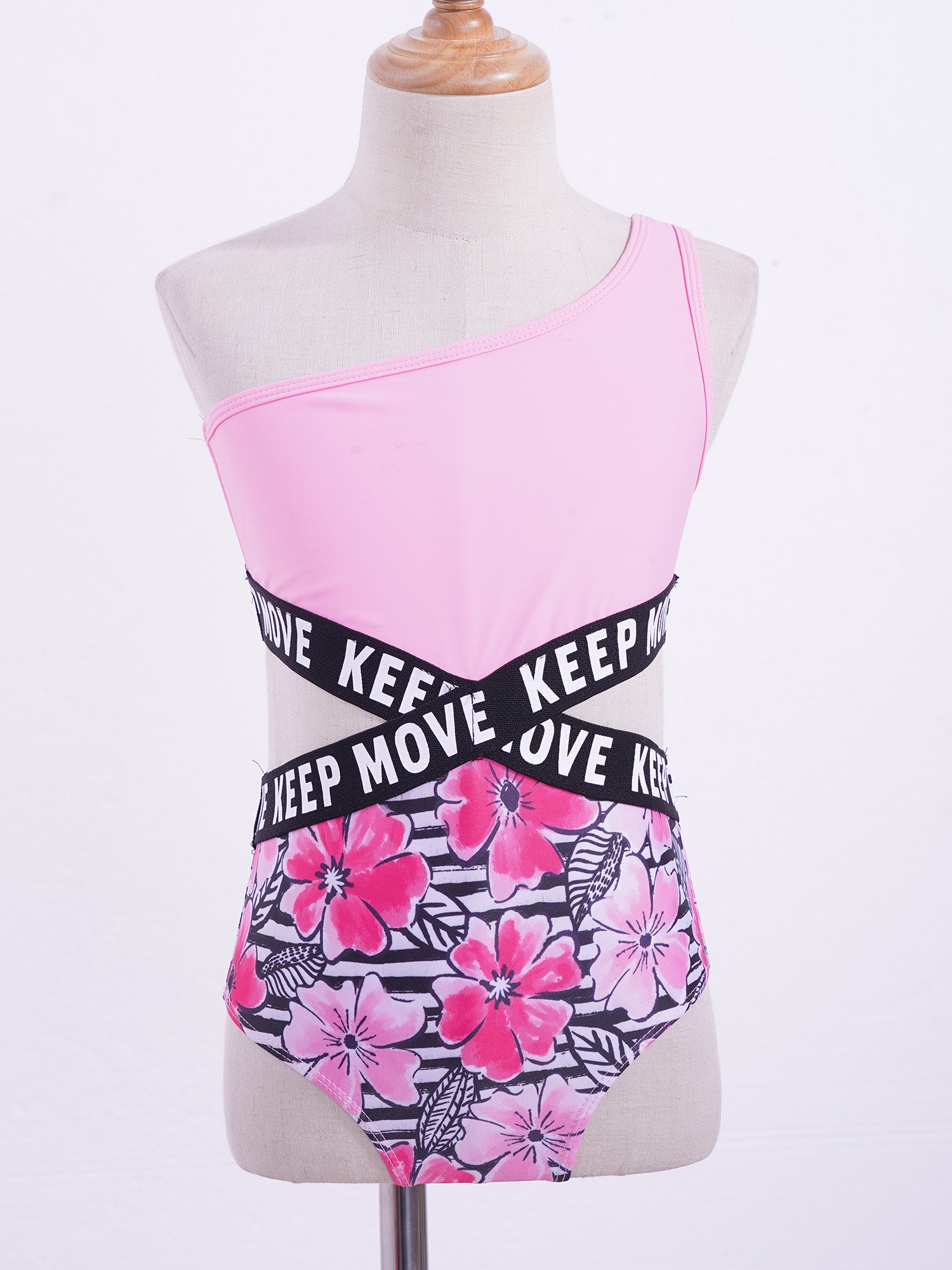 Kids Girls Hollow Out One-piece Swimwear Single Shoulder Letter Print Bodysuit Swimsuit Pool Bathing Suit Beachwear Sportswear