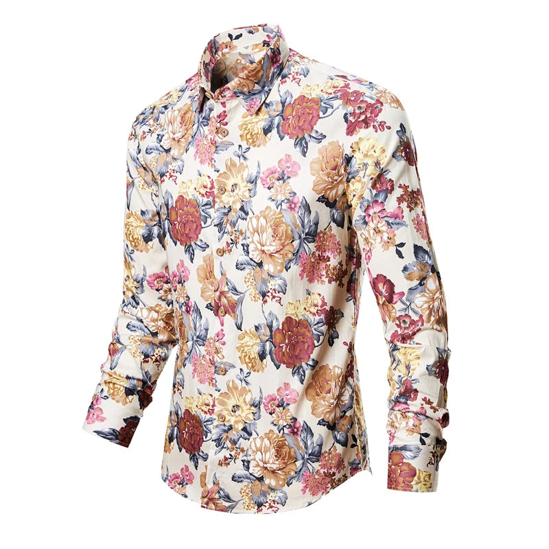 Man's shirts Cotton Vintage clothes flowers shirt Korean clothing  men's fashion Beach Men's clothing Long sleeve shirt Top 1025
