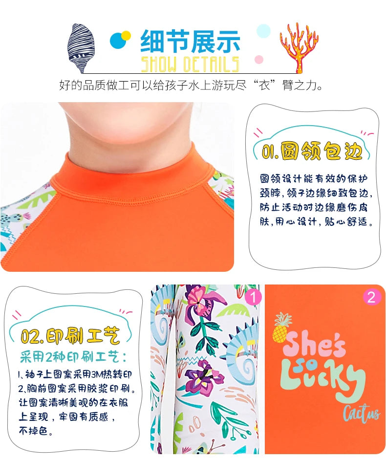 One Pieces Swimsuit Rash Guard Swimwear Long Sleeve Sunsuit for Kids 3-10Y Sun UV Protection