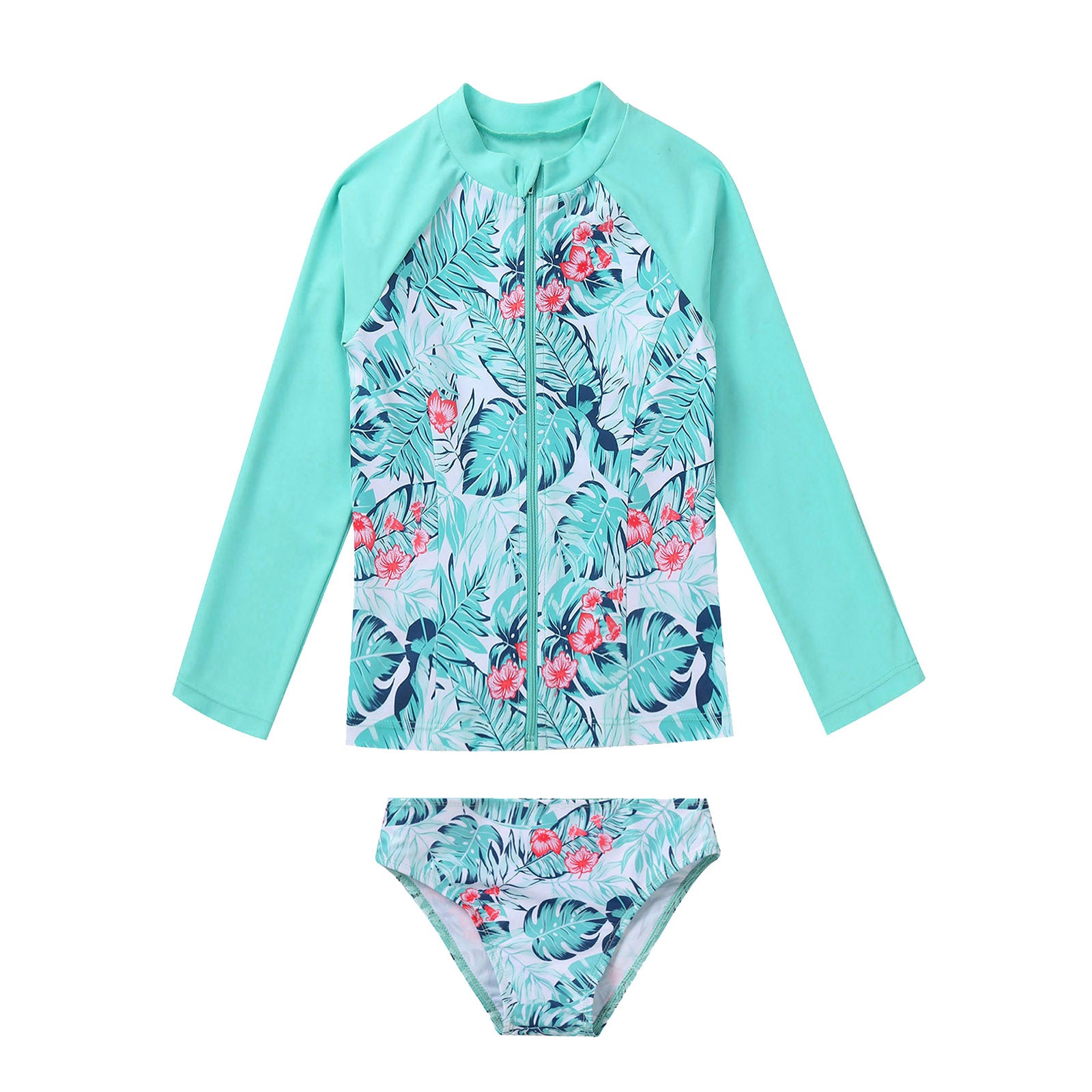 Kids Girls 4PCS Printed Swimsuit Long Sleeve Outerwear with Sleeveless Crop Top Briefs Shorts Bathing Suit Rash Guard Swimwear