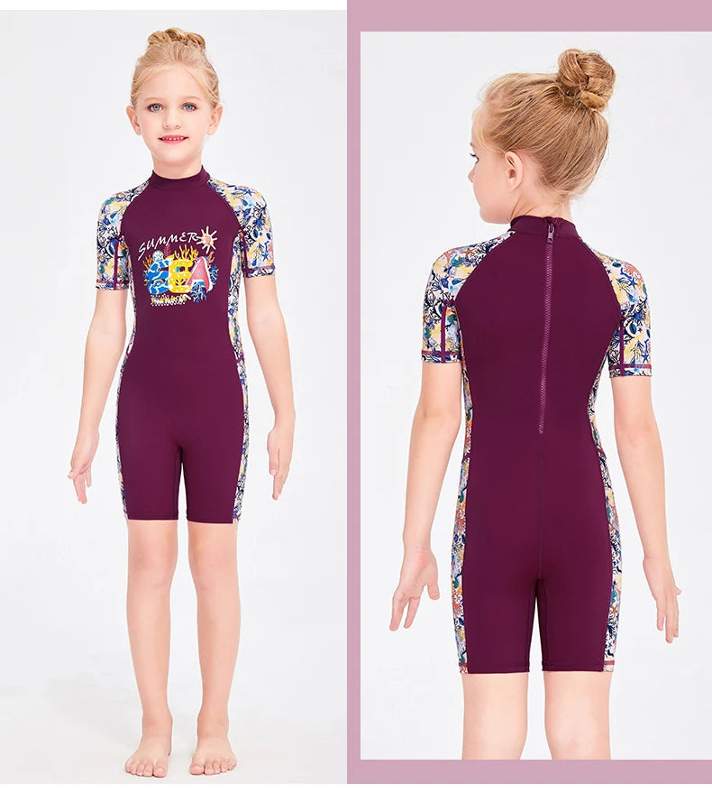 Girls and Boy One Piece Rash Guard Swimsuit Kid Water Sport Short Swimsuit UPF 50+ Sun Protection Bathing Suits