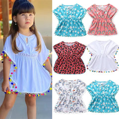 0-5Y Baby Girls Swimwear Cover-up 2026 Summer Leopard Tassel Kids Beach Dress Poncho Swimsuits Bikini Cover Ups Toddler Sundress
