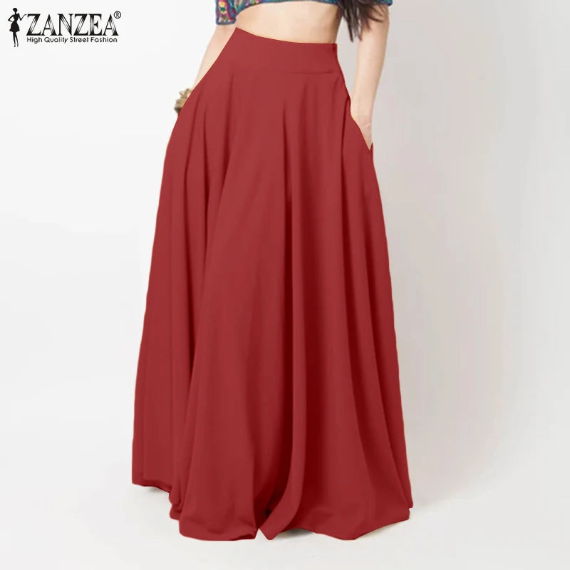 2024 ZANZEA Women Spring Sundress Fashion Maxi Skirts Elegant Long Party Vestidos Female High Waist Solid Robe Beach Faldas Saia