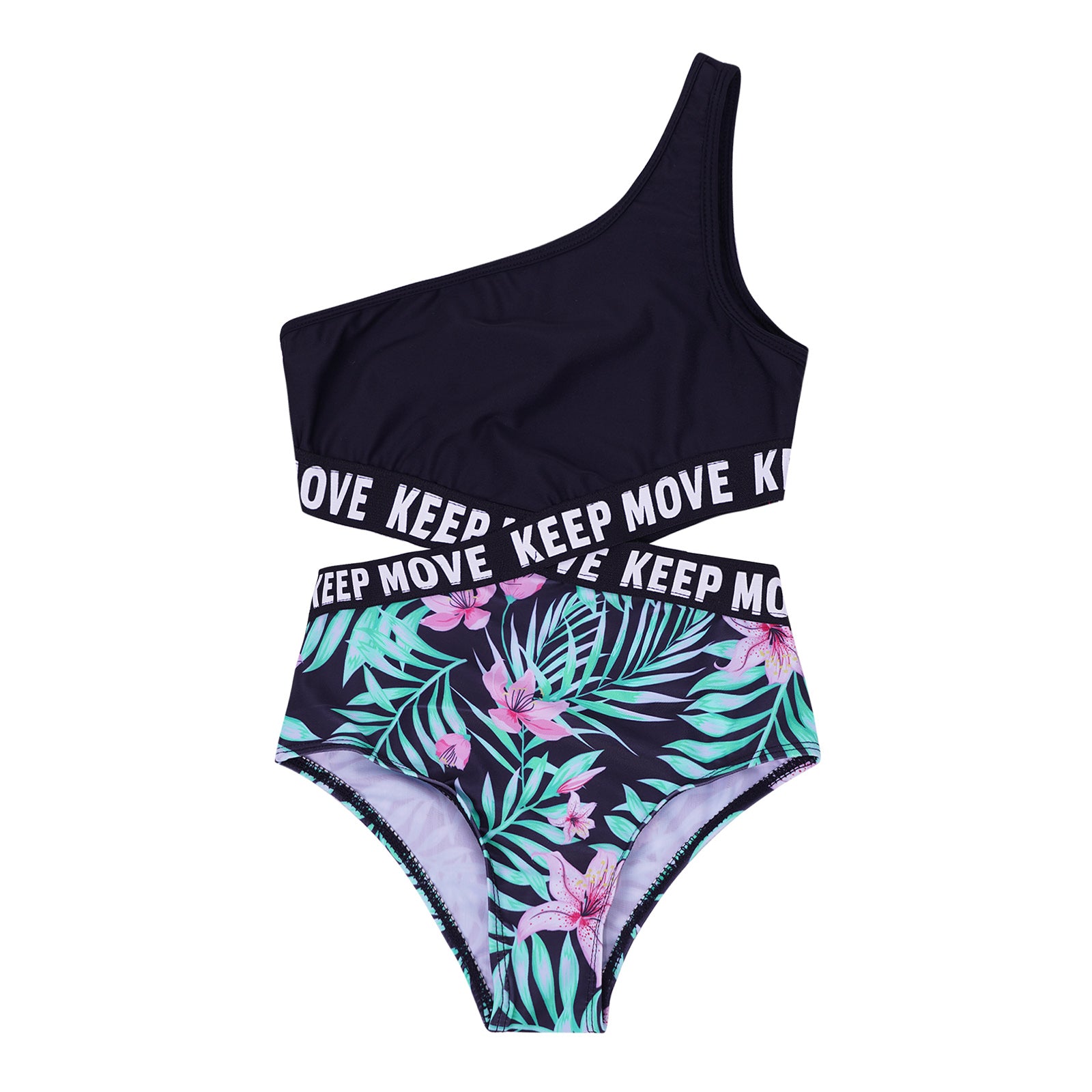 Kids Girls Hollow Out One-piece Swimwear Single Shoulder Letter Print Bodysuit Swimsuit Pool Bathing Suit Beachwear Sportswear