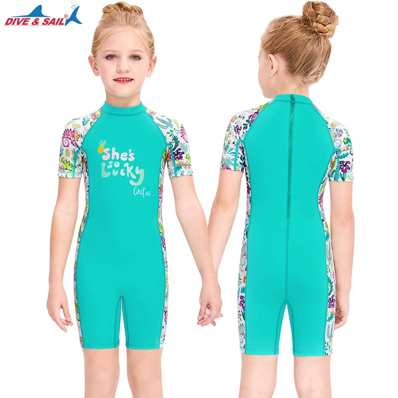 One Pieces Swimsuit Rash Guard Swimwear Long Sleeve Sunsuit for Kids 3-10Y Sun UV Protection