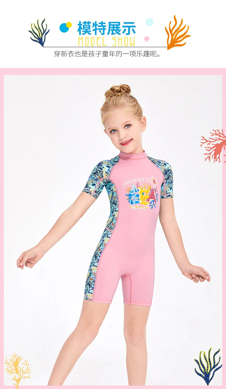 Girls and Boy One Piece Rash Guard Swimsuit Kid Water Sport Short Swimsuit UPF 50+ Sun Protection Bathing Suits