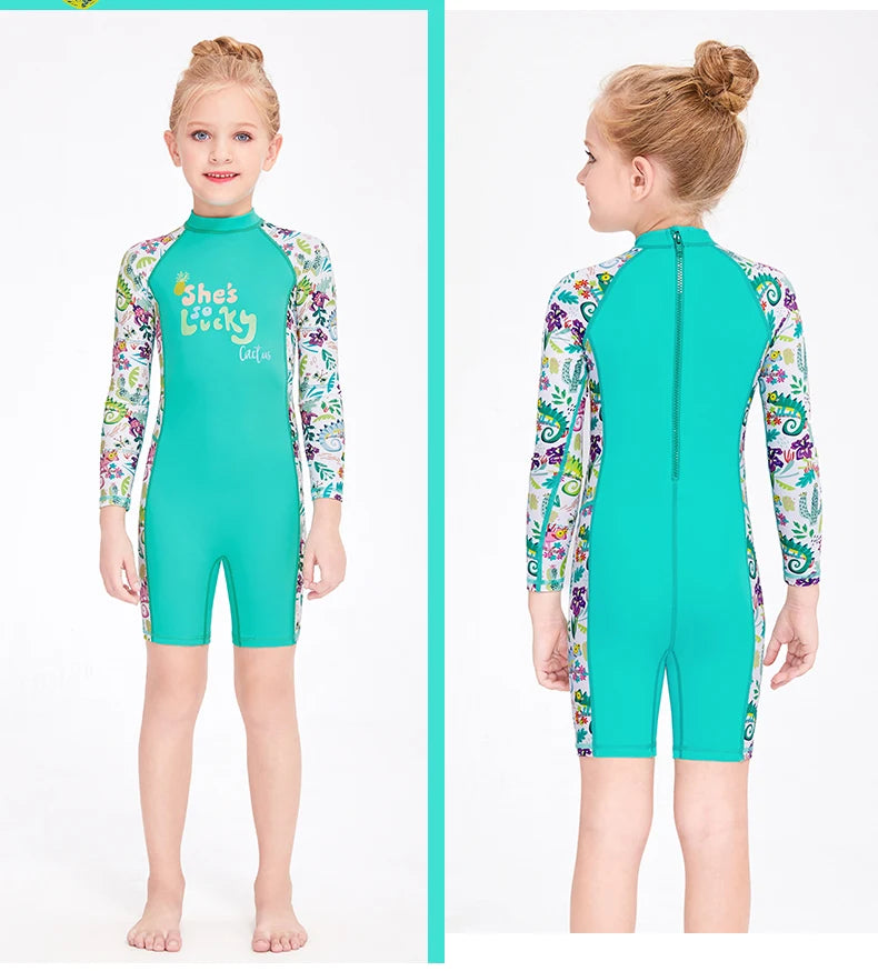 One Pieces Swimsuit Rash Guard Swimwear Long Sleeve Sunsuit for Kids 3-10Y Sun UV Protection