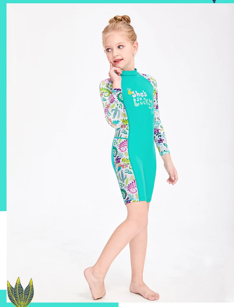 One Pieces Swimsuit Rash Guard Swimwear Long Sleeve Sunsuit for Kids 3-10Y Sun UV Protection