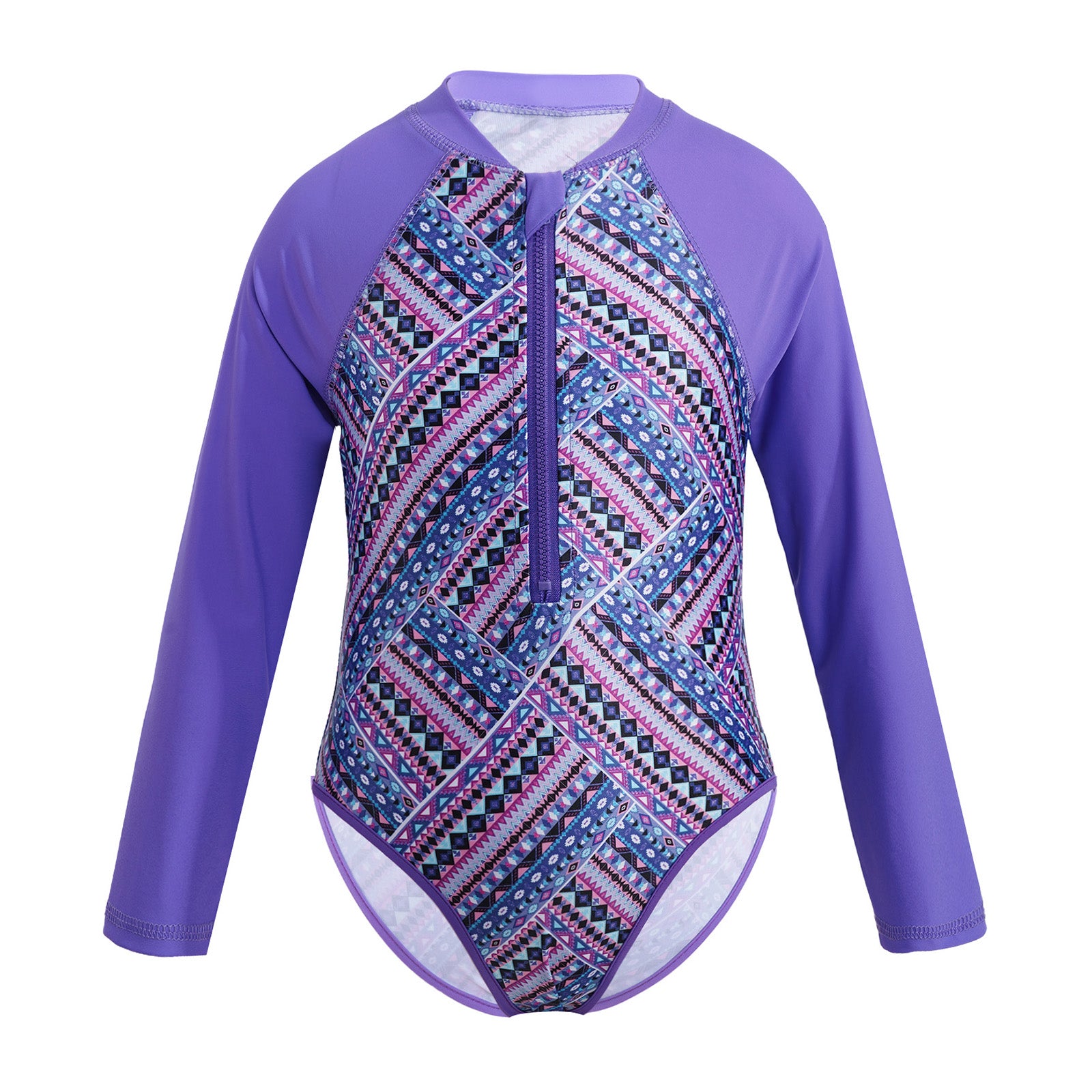 Summer Swimming One-piece Kids Girls Swimsuit Rash Guard Long Sleeves Palm Printed Zippered Bathing Suit Swimwear Beach Wear