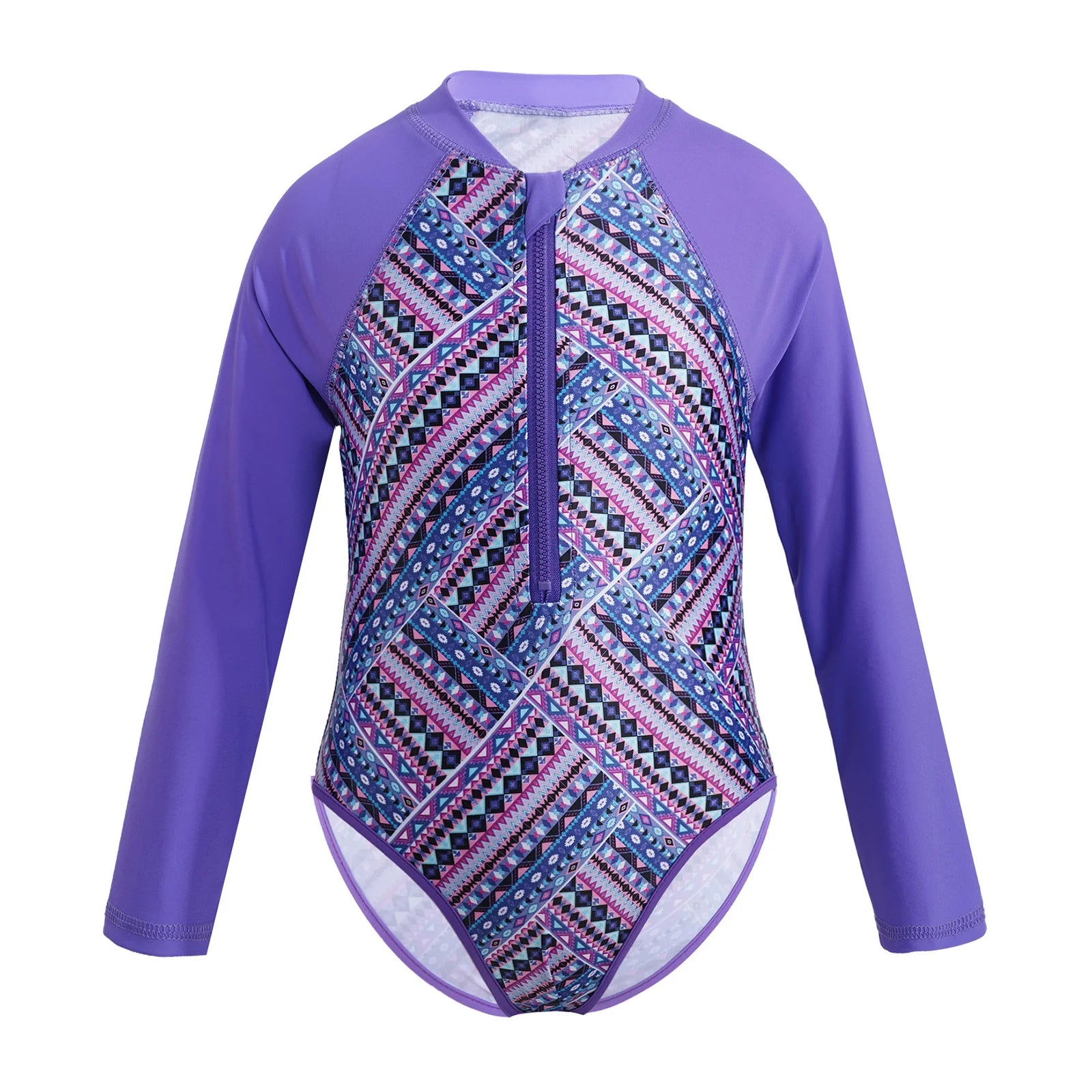 Summer Swimming One-piece Kids Girls Swimsuit Rash Guard Long Sleeves Palm Printed Zippered Bathing Suit Swimwear Beach Wear