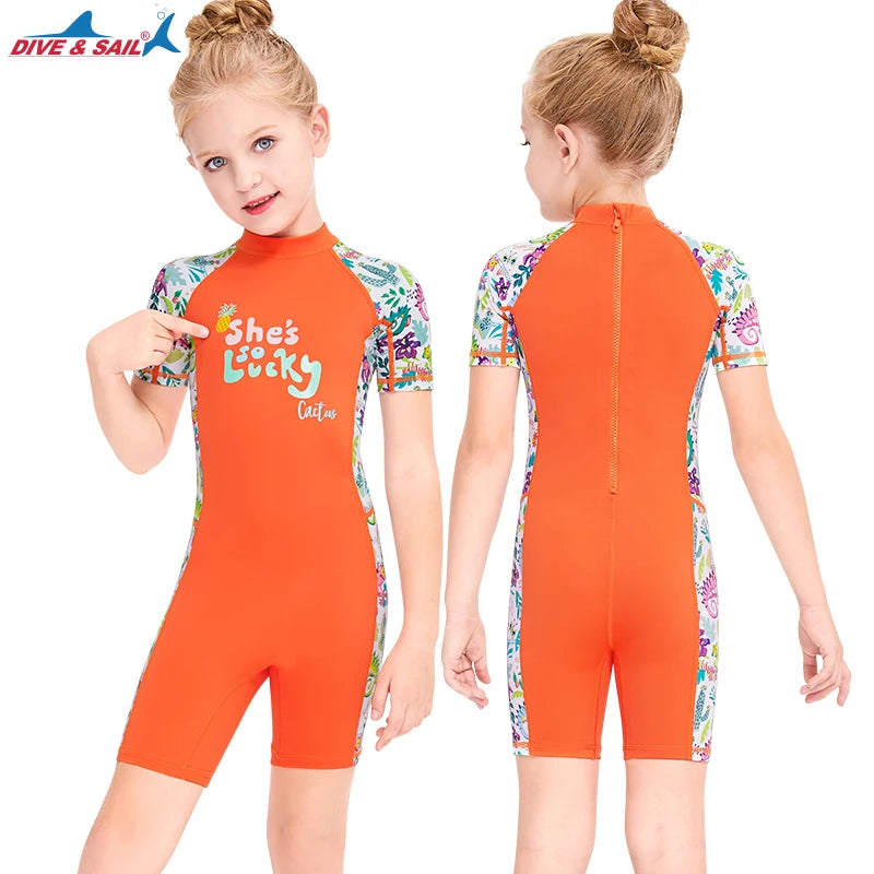 One Pieces Swimsuit Rash Guard Swimwear Long Sleeve Sunsuit for Kids 3-10Y Sun UV Protection