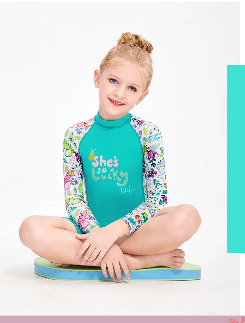 One Pieces Swimsuit Rash Guard Swimwear Long Sleeve Sunsuit for Kids 3-10Y Sun UV Protection