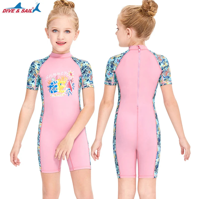 One Pieces Swimsuit Rash Guard Swimwear Long Sleeve Sunsuit for Kids 3-10Y Sun UV Protection